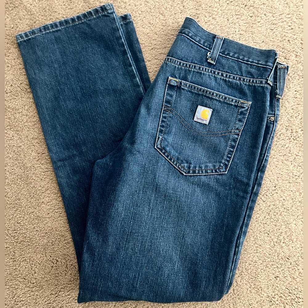 Carhartt Men's Blue Straight-Leg Jeans with Back Pocket Logo